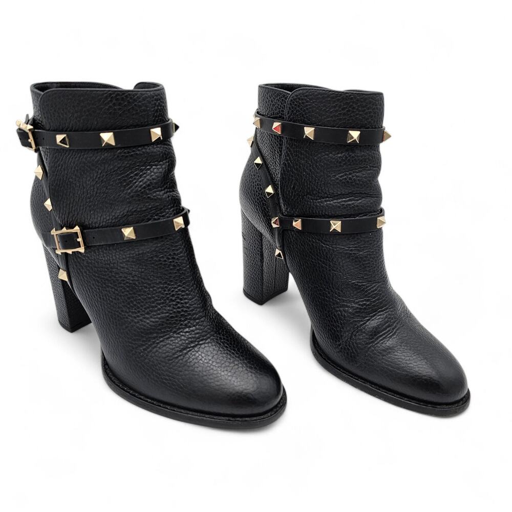 Valentino Garavani Rockstud Block Heel Ankle Boot Black Leather Size 40 US 10
